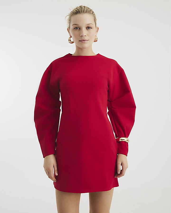 Red Long Puff Sleeve Mini Dress