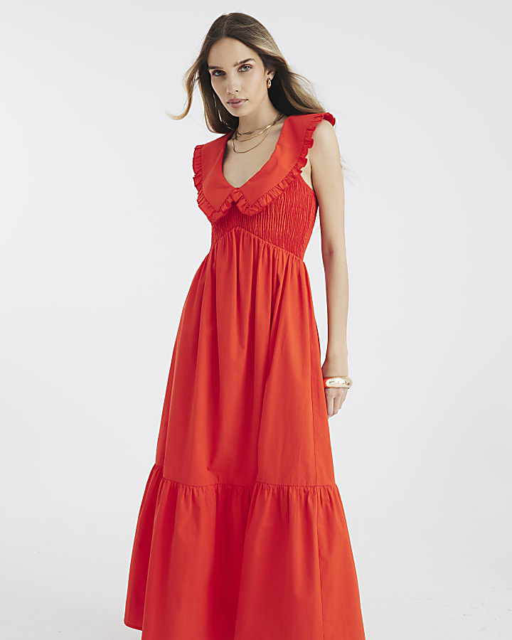 Red Ruffle Collar Shirred Maxi Dress