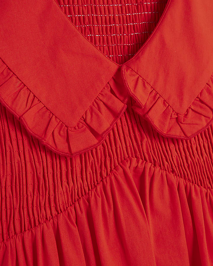 Red Ruffle Collar Shirred Maxi Dress