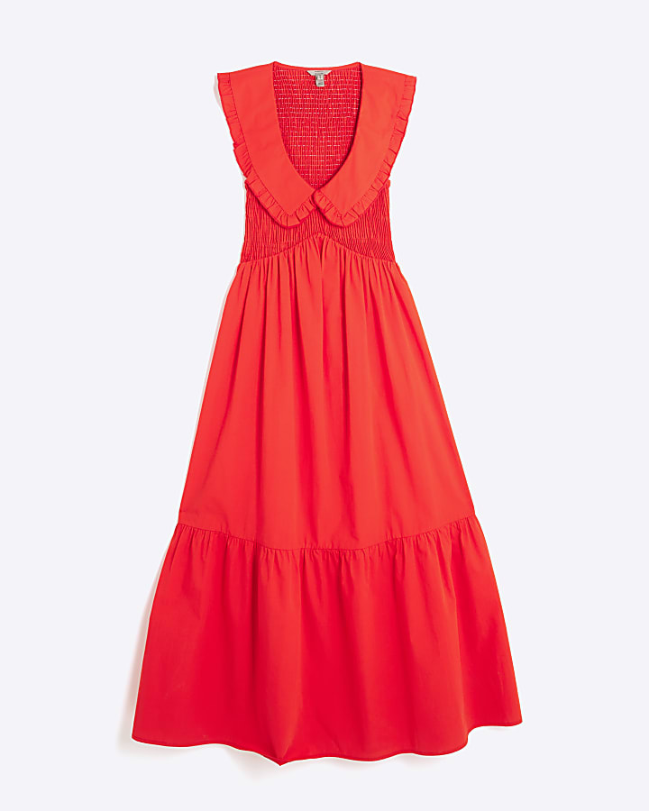 Red Ruffle Collar Shirred Maxi Dress