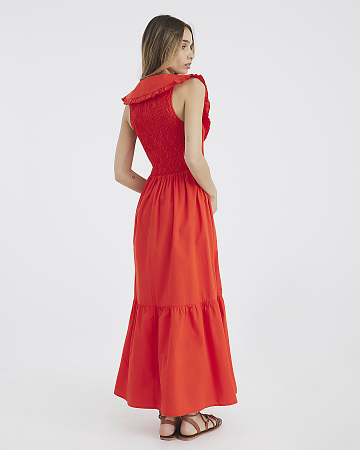 Red Ruffle Collar Shirred Maxi Dress