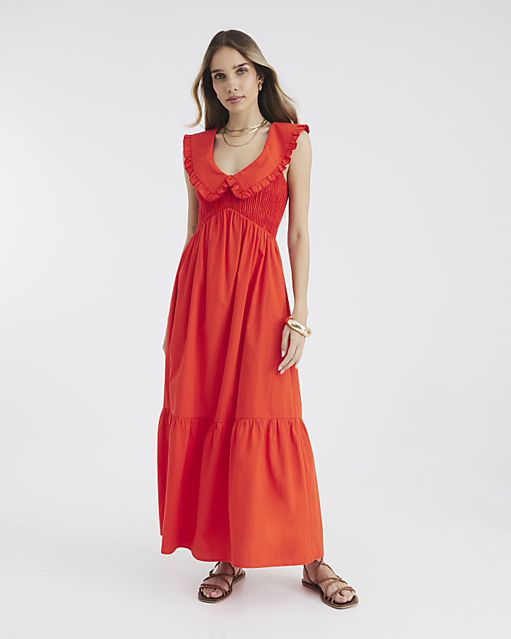Red Ruffle Collar Shirred Maxi Dress