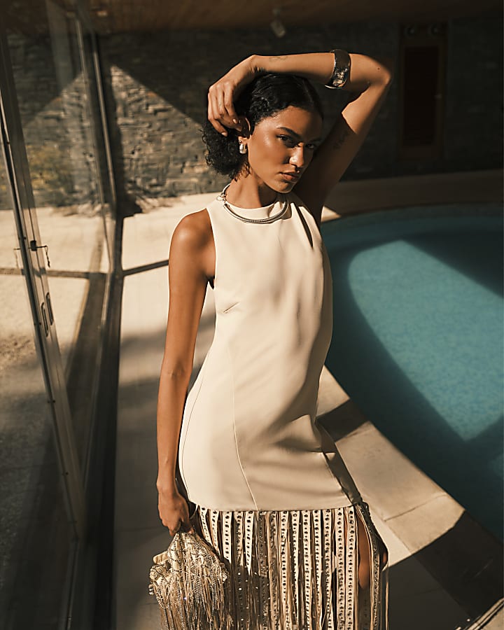 RI Studio Cream Studded Fringe Maxi Dress