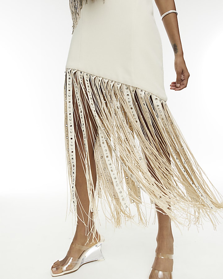 RI Studio Cream Studded Fringe Maxi Dress