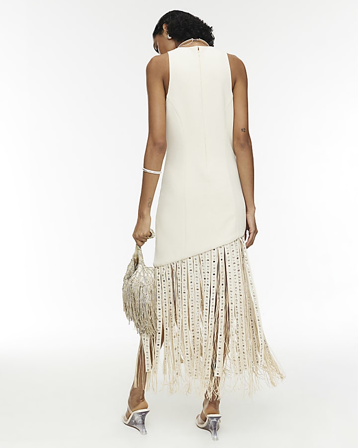 RI Studio Cream Studded Fringe Maxi Dress