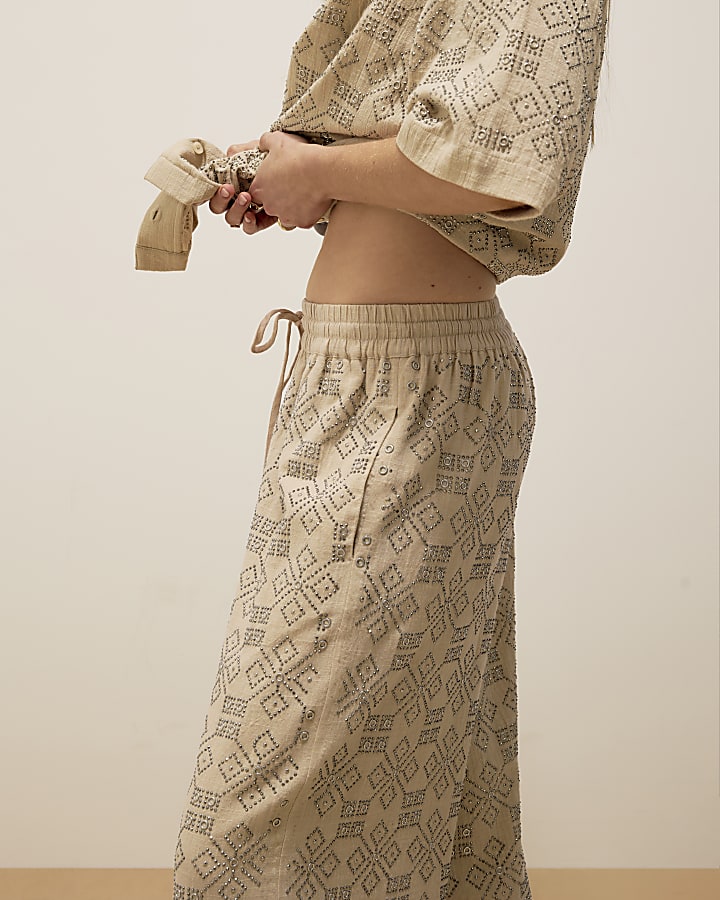 Beige Stud Embellished Wide Leg Trousers
