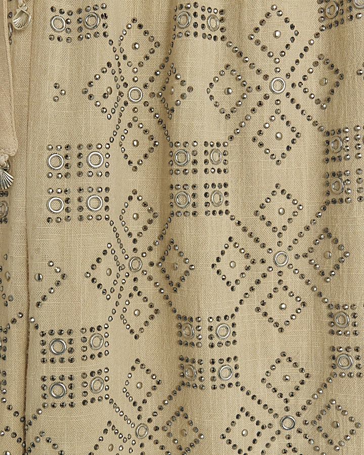 Beige Stud Embellished Wide Leg Trousers