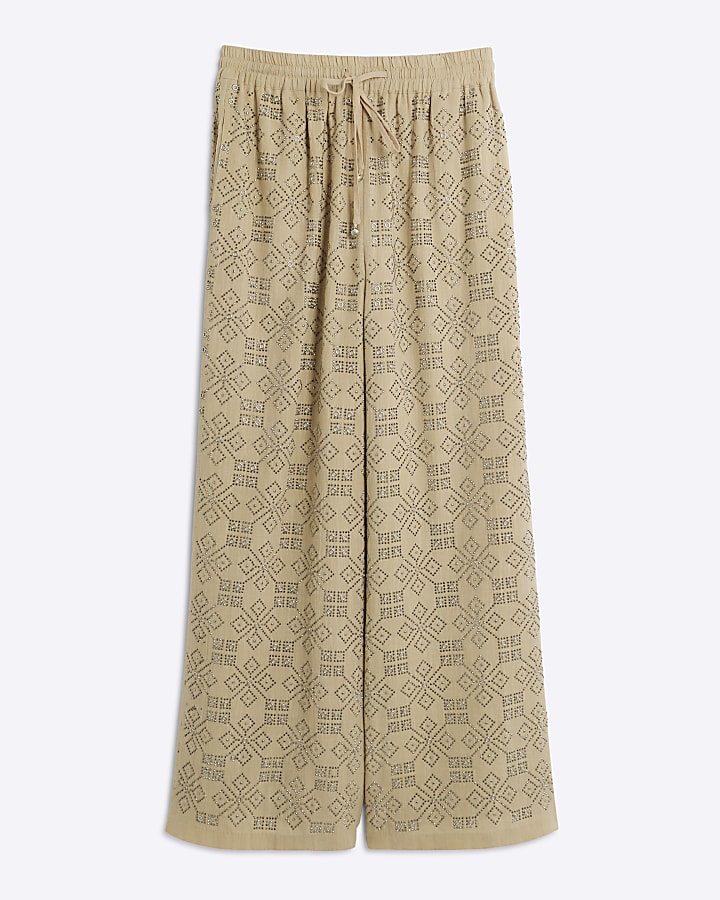Beige Stud Embellished Wide Leg Trousers