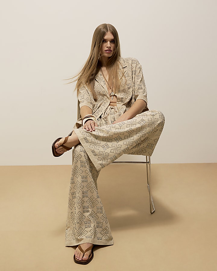 Beige Stud Embellished Wide Leg Trousers