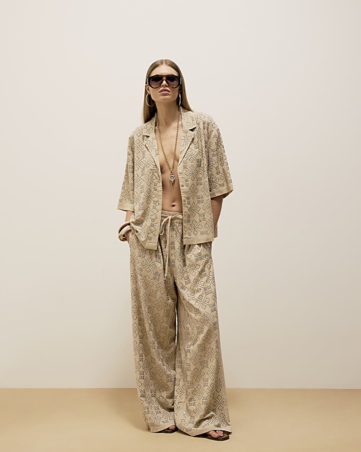 Beige Stud Embellished Wide Leg Trousers