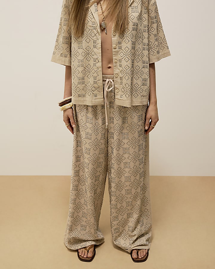 Beige Stud Embellished Wide Leg Trousers