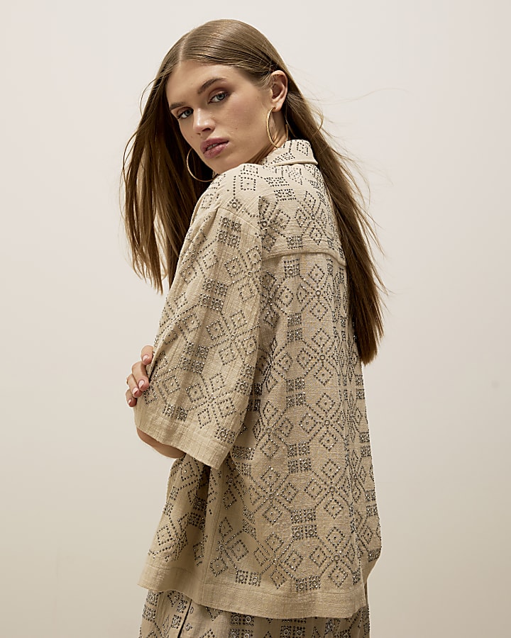 Beige Stud Embellished Shirt