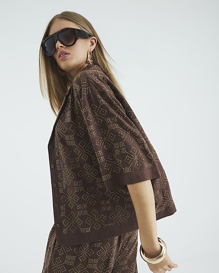Brown Stud Embellished Short Sleeve Shirt