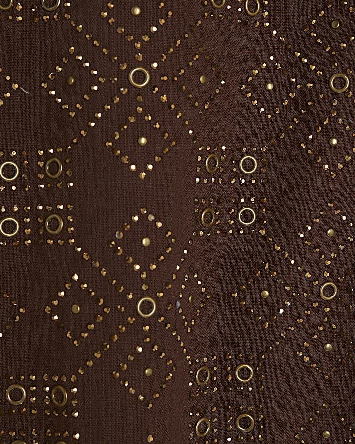 Brown Stud Embellished Short Sleeve Shirt
