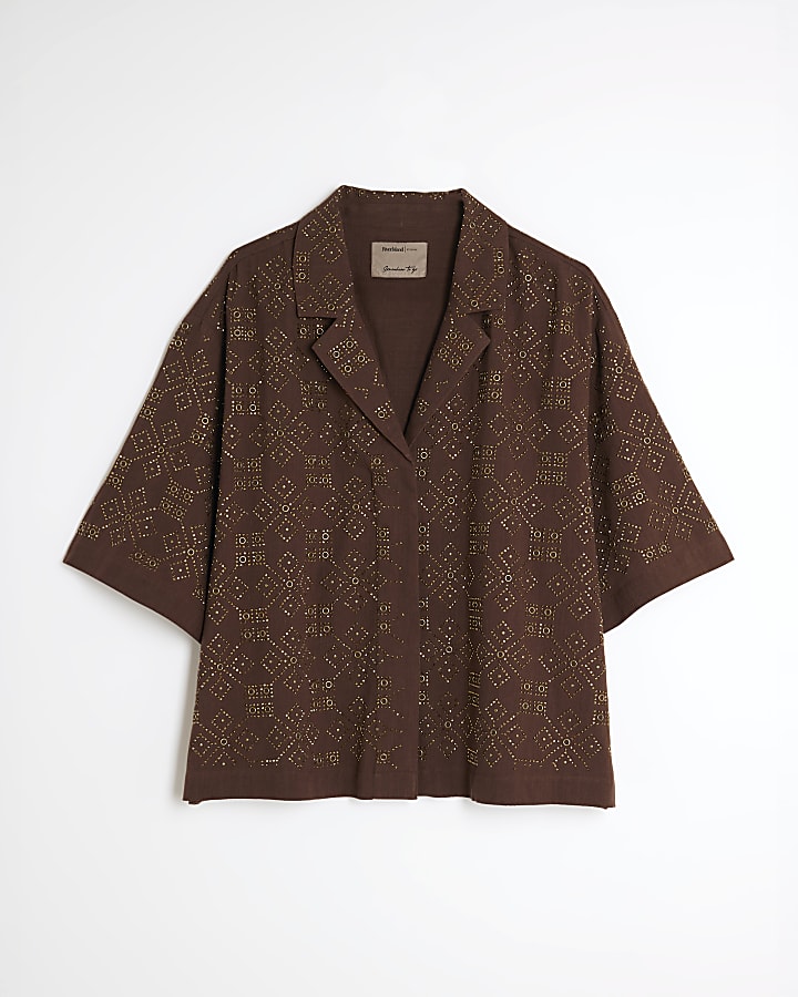 Brown Stud Embellished Short Sleeve Shirt