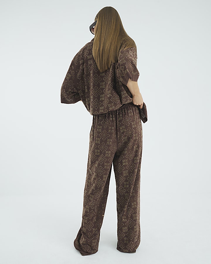 Brown Stud Embellished Wide Leg Trousers