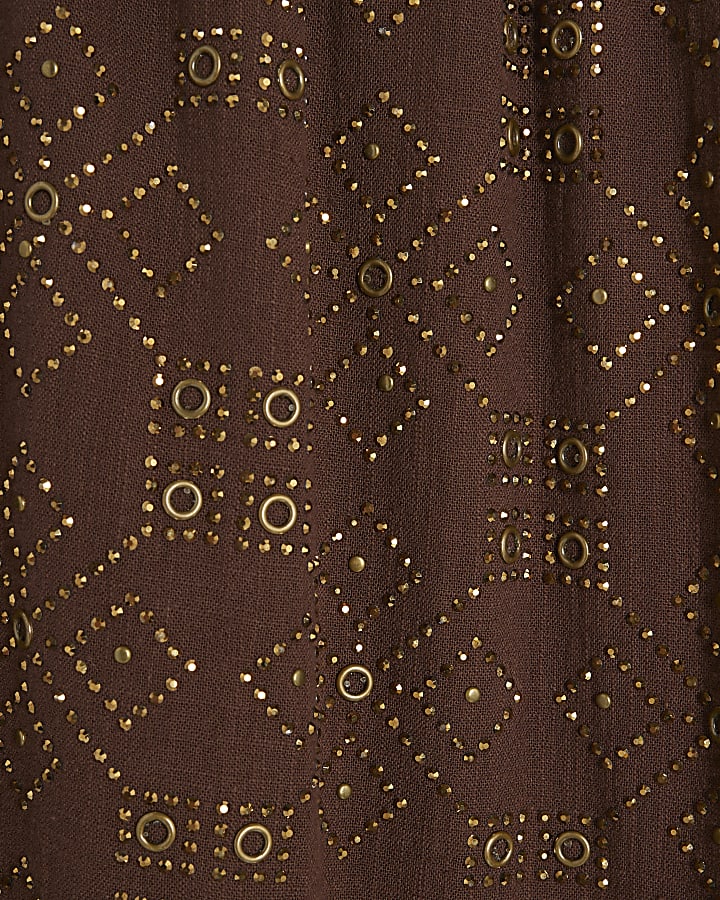 Brown Stud Embellished Wide Leg Trousers