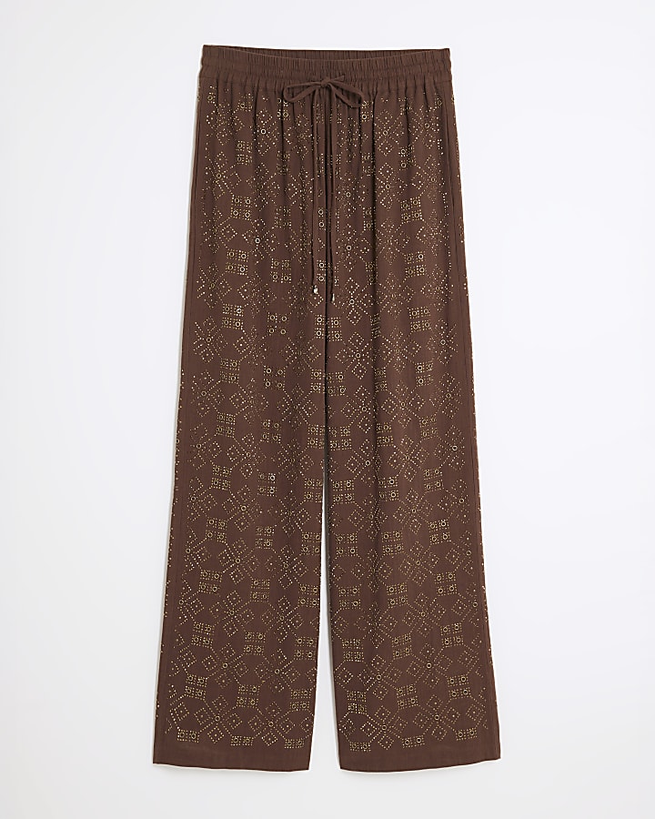 Brown Stud Embellished Wide Leg Trousers