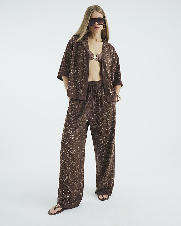Brown Stud Embellished Wide Leg Trousers