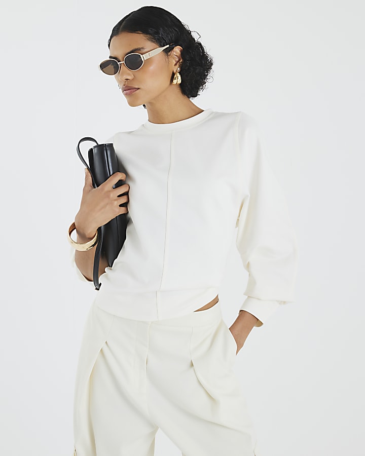 Cream Long Sleeve Seam Front Sweatshirt