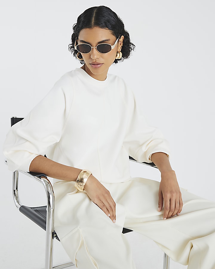 Cream Long Sleeve Seam Front Sweatshirt