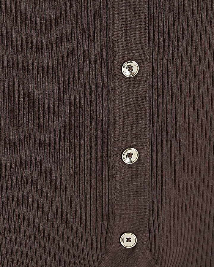 Brown Curved Hem Ribbed Top