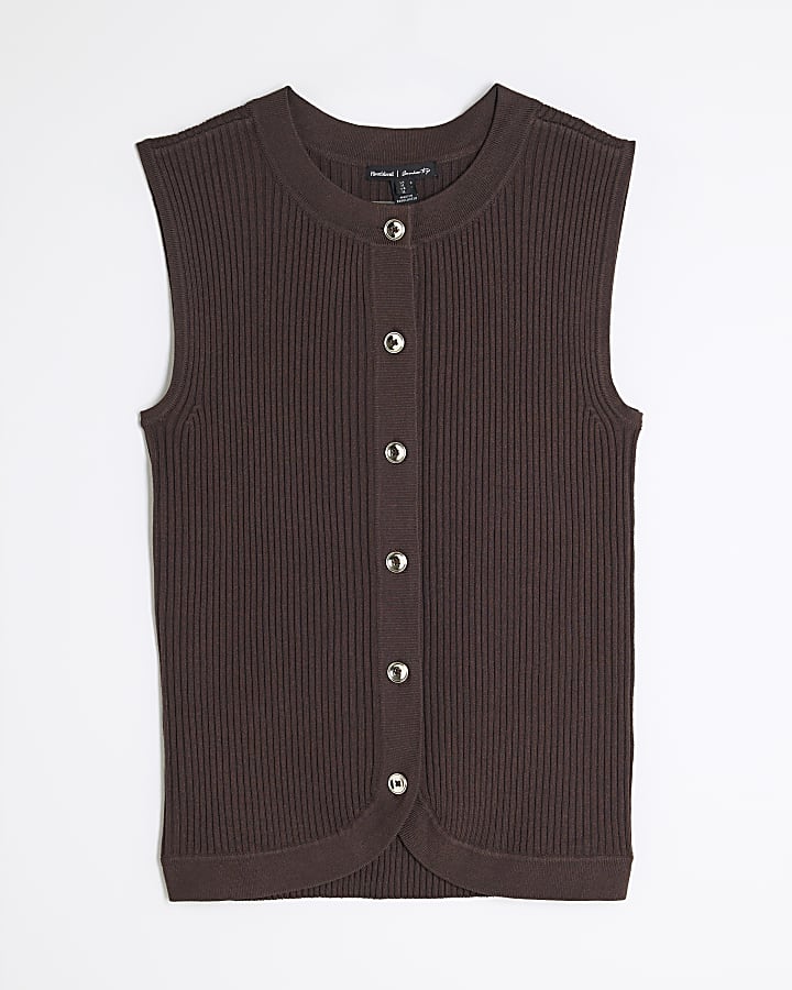 Brown Curved Hem Ribbed Top