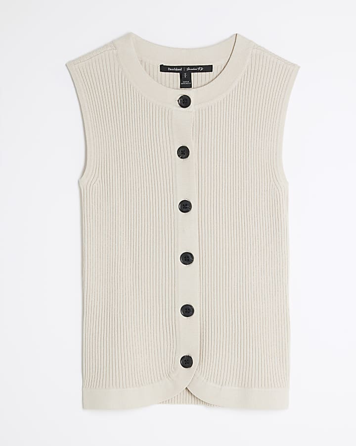 Cream Sleeveless Curved Hem Ribbed Top