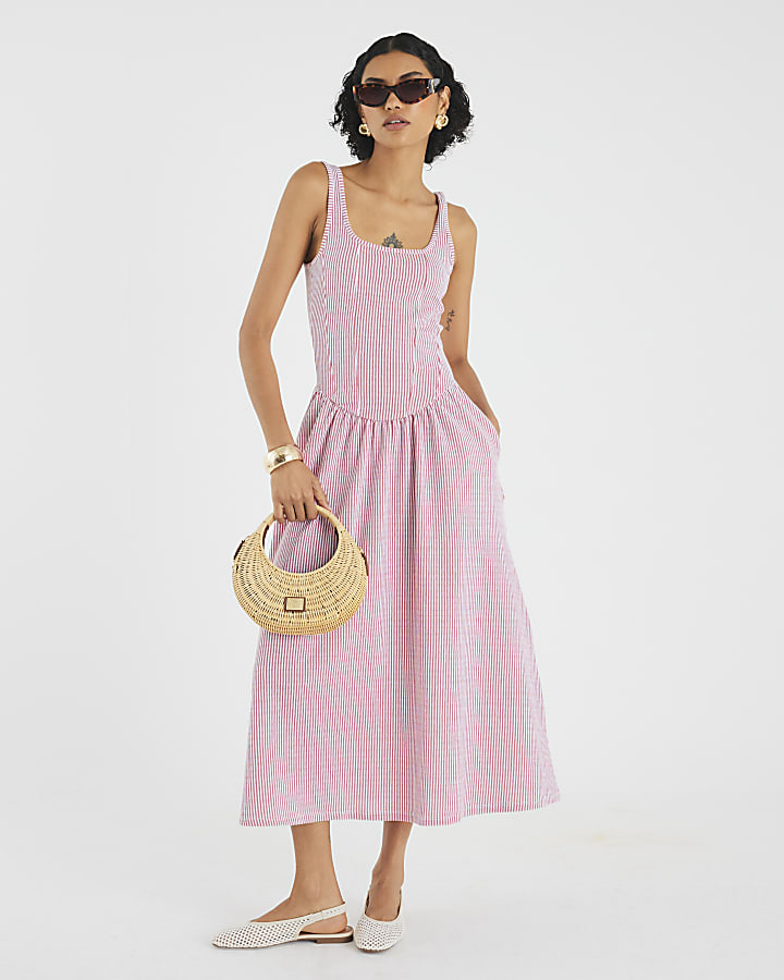 Red Sleeveless Stripe Midi Dress