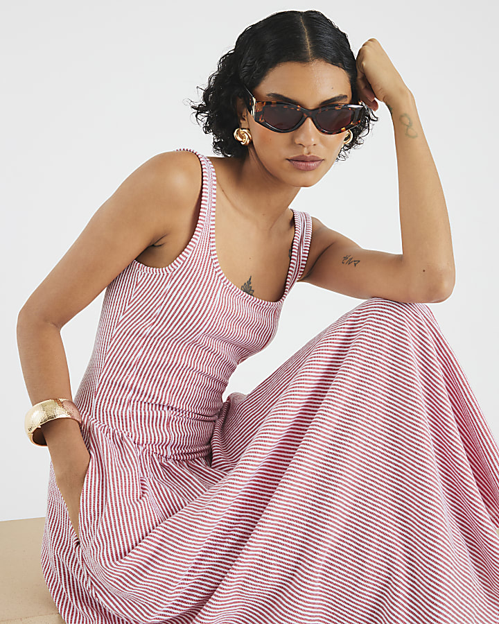 Red Sleeveless Stripe Midi Dress