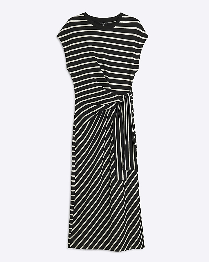 Black Stripe Knot Side Midi Dress