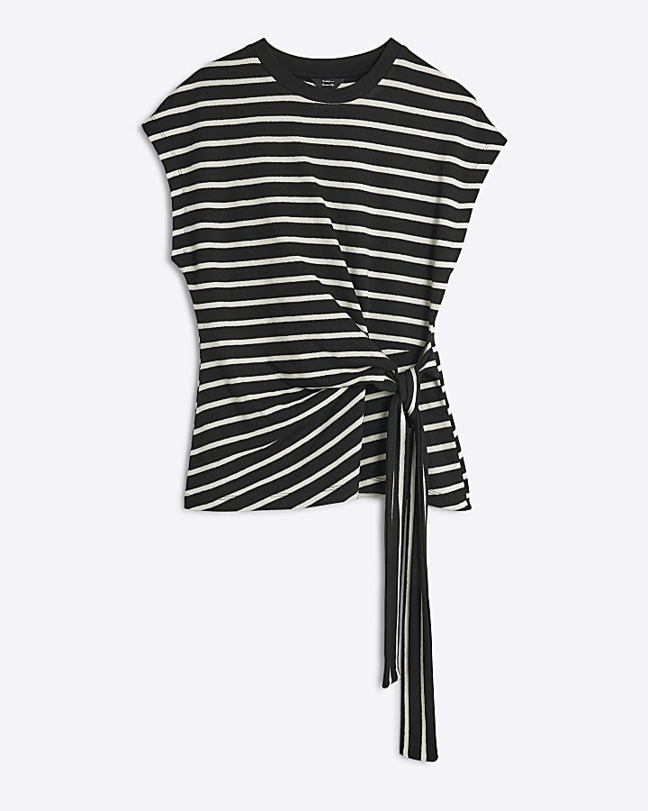 Black Short Sleeve Stripe Knot Side T-shirt