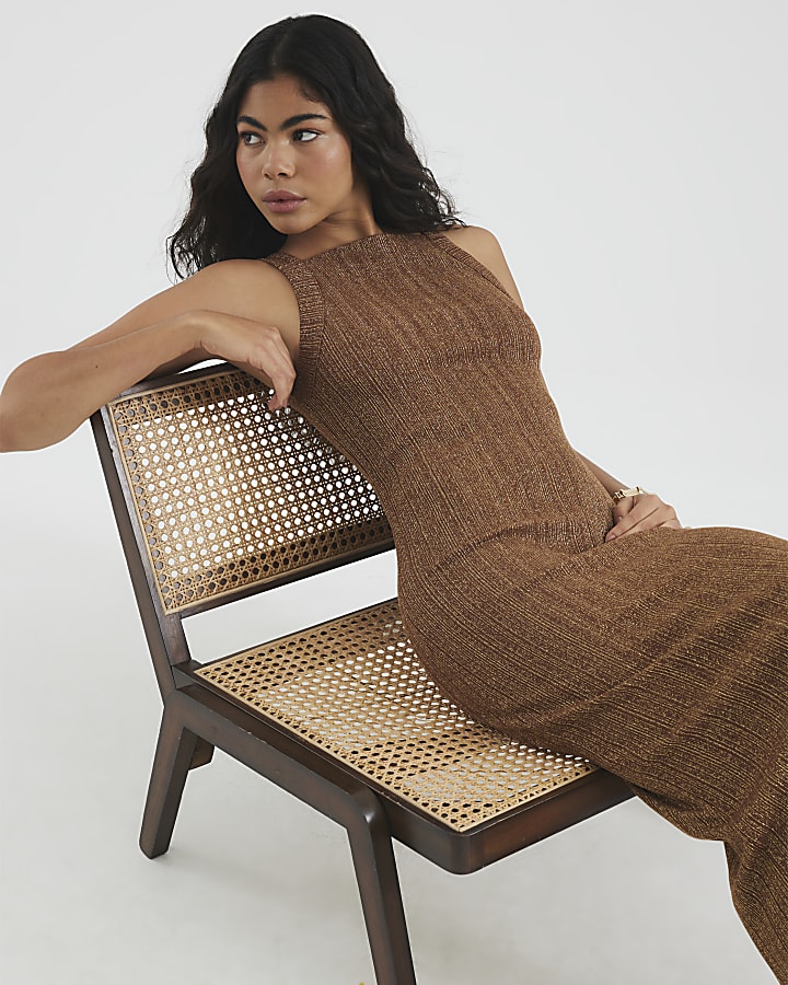 Brown Sleeveless Metallic Midi Dess