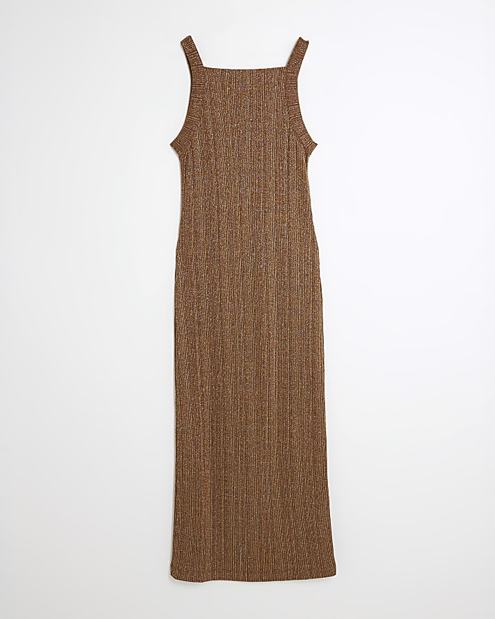 Brown Sleeveless Metallic Midi Dess