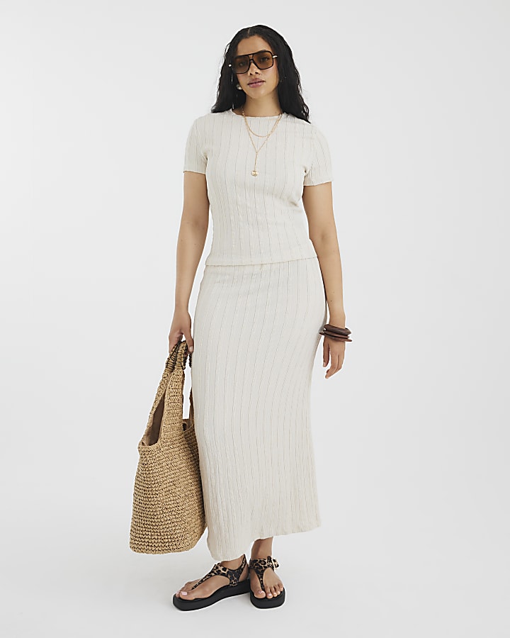 Cream Textured Midi Skirt