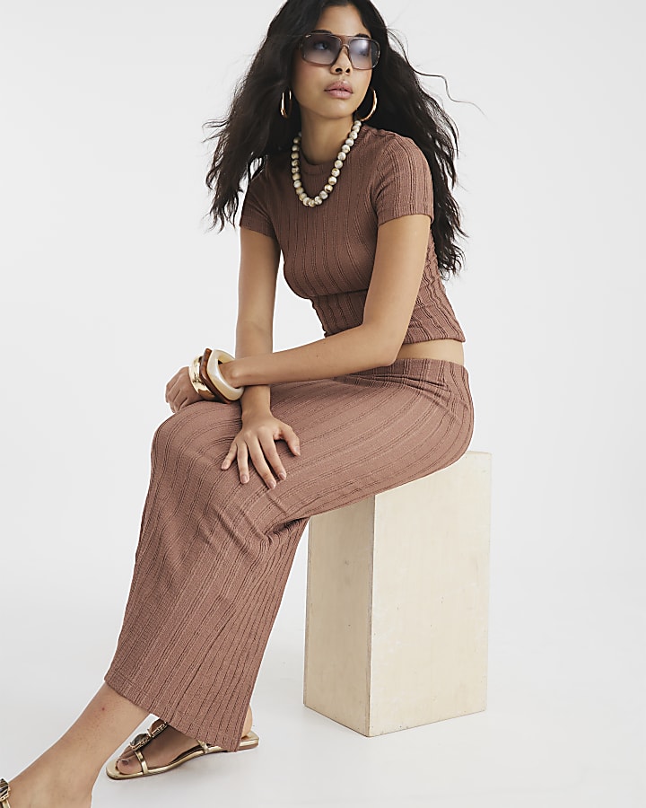 Brown Textured Midi Skirt