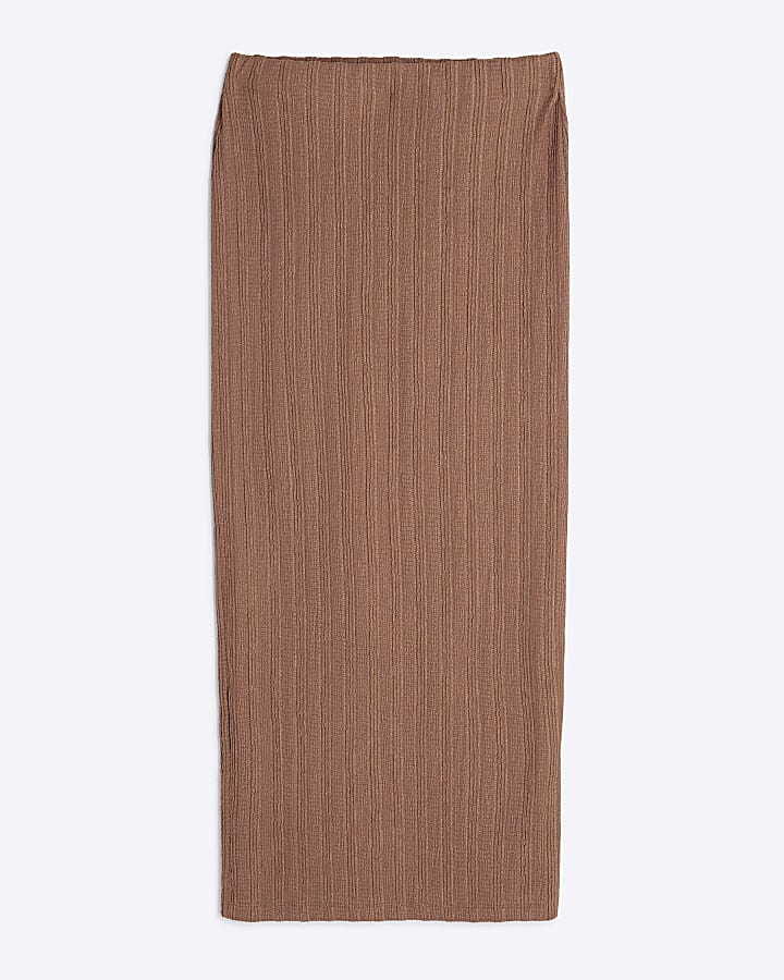 Brown Textured Midi Skirt