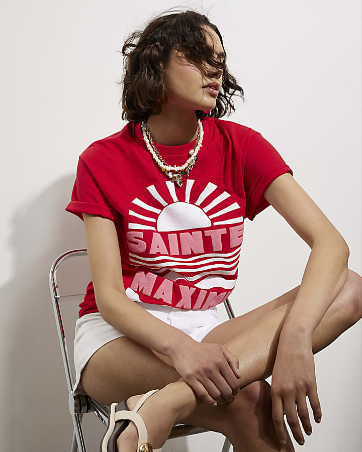 Red Short Sleeve Sainte Maxime Print T-shirt