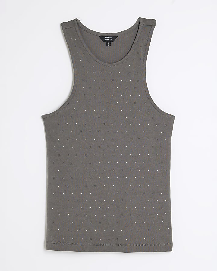 Grey Sleeveless Diamante Detail Tank Top