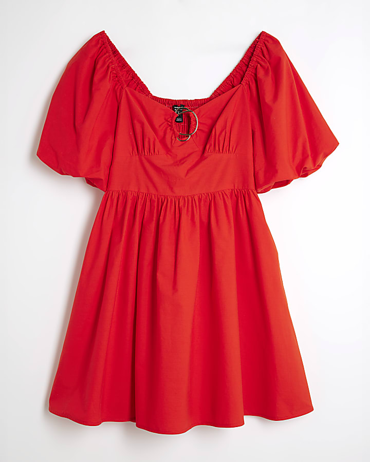 Red Short Sleeve Poplin Mini Dress