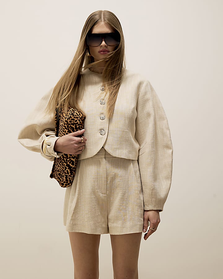 Cream Long Sleeve Collarless Jacket