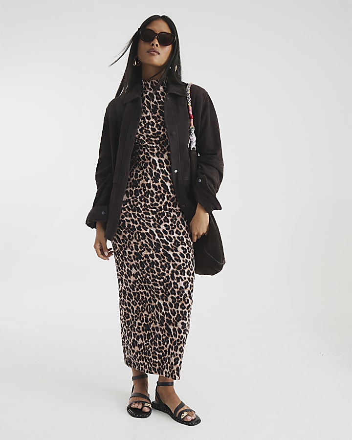 Petite Beige Leopard Print Midi Dress