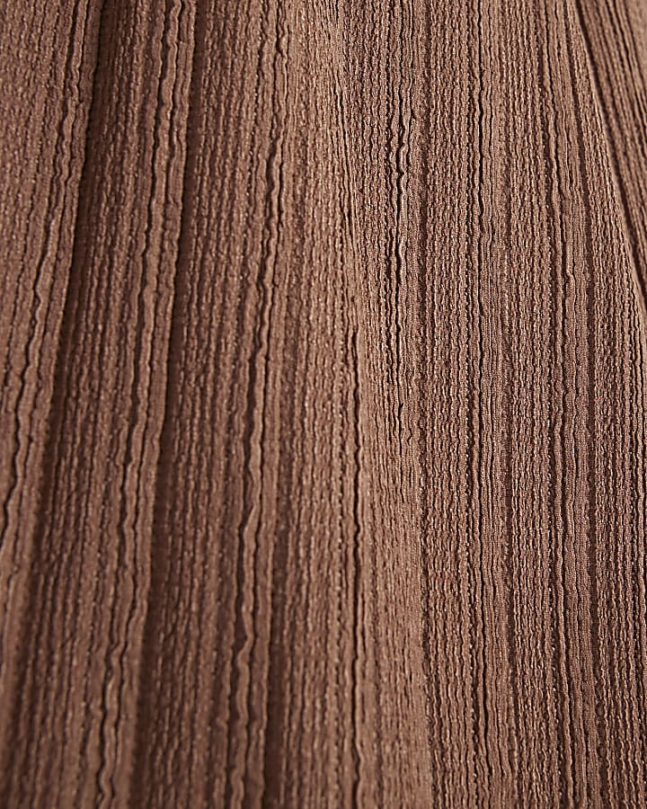 Brown Textured Wide Leg Trousers