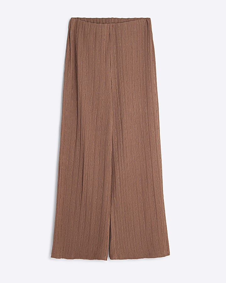 Brown Textured Wide Leg Trousers