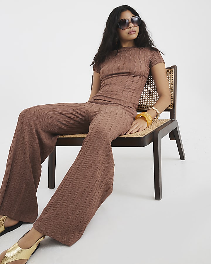 Brown Textured Wide Leg Trousers