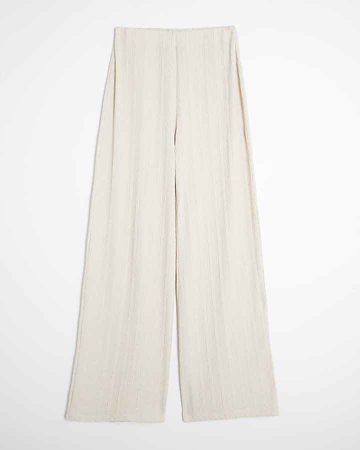 Cream Textured Wide Leg Trousers