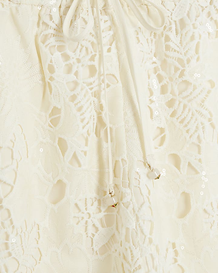 Cream Cutwork Sequin Shorts