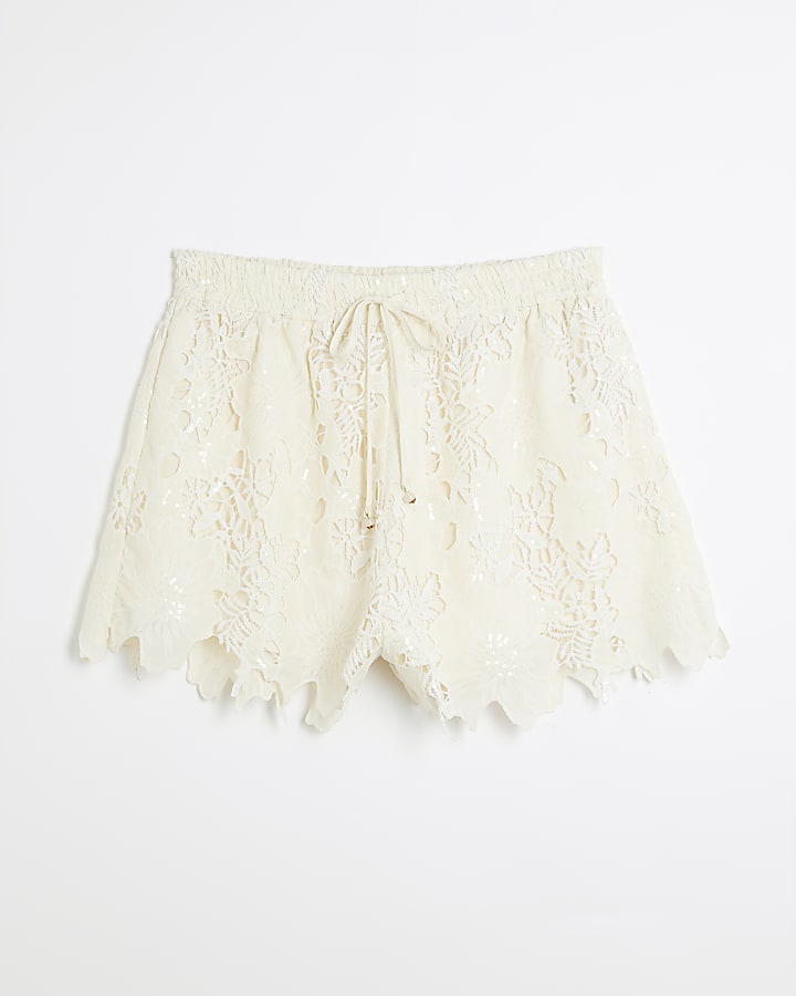Cream Cutwork Sequin Shorts