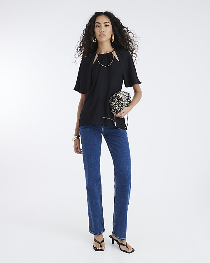 Black Ruched Neck T-shirt