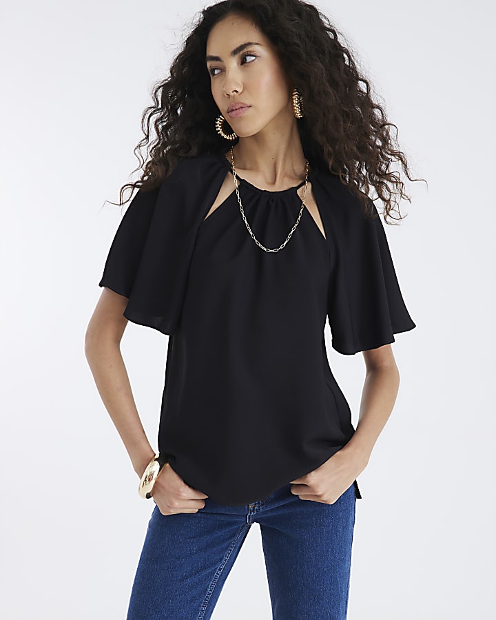 Black Ruched Neck T-shirt